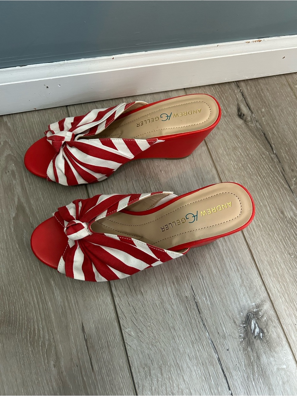 Andrew Geller Red and White Striped Knot Wedge Sandals